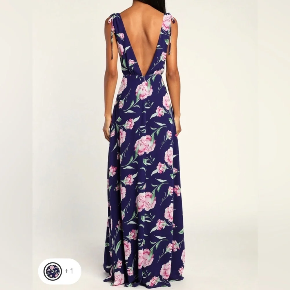Lulu’s New V-Neck Sleeveless Navy Floral Print Maxi Prom Bridesmaid Dress Size M - Picture 4 of 16
